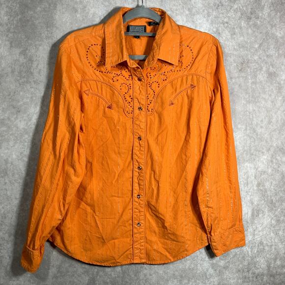 Roughrider Western Shirt Womens‎ Large Orange Metallic Rhinestones Pearl Snap - Picture 1 of 9